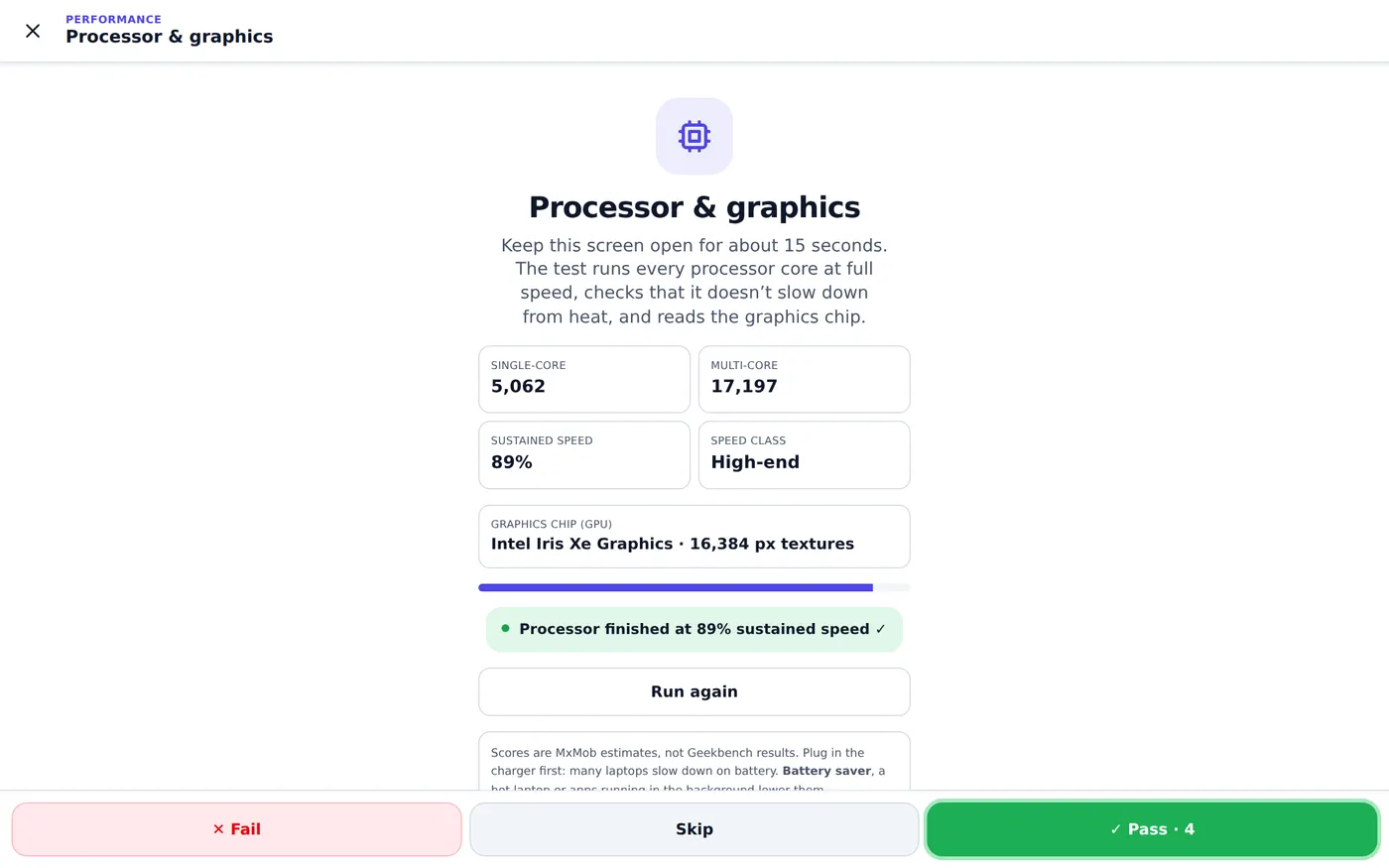 MxMob laptop processor and graphics test: single-core and multi-core scores, 89% sustained speed, High-end speed class, Intel Iris Xe Graphics