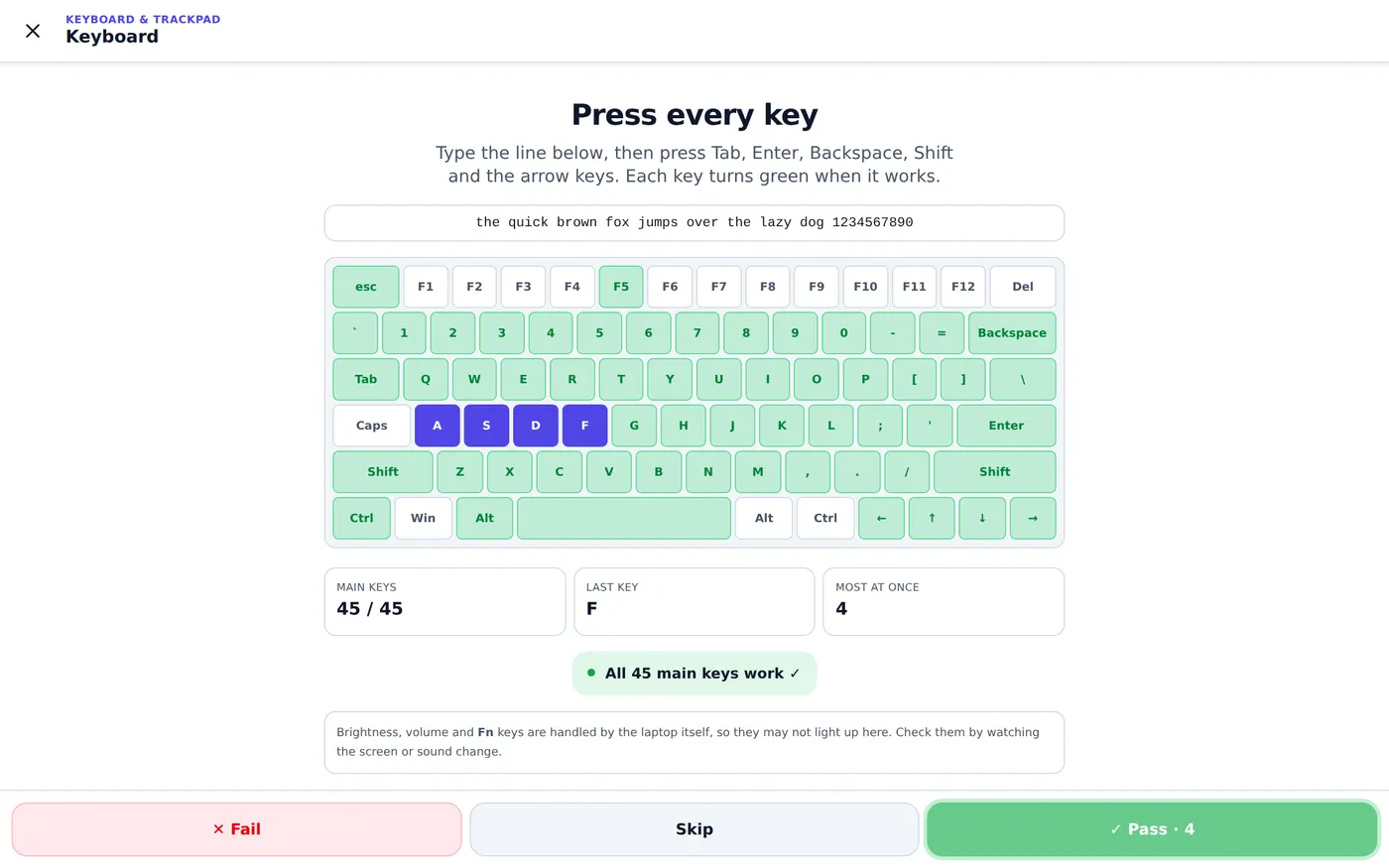 MxMob laptop keyboard test with every key lit green, the A, S, D and F keys held at once, and the result All 45 main keys work