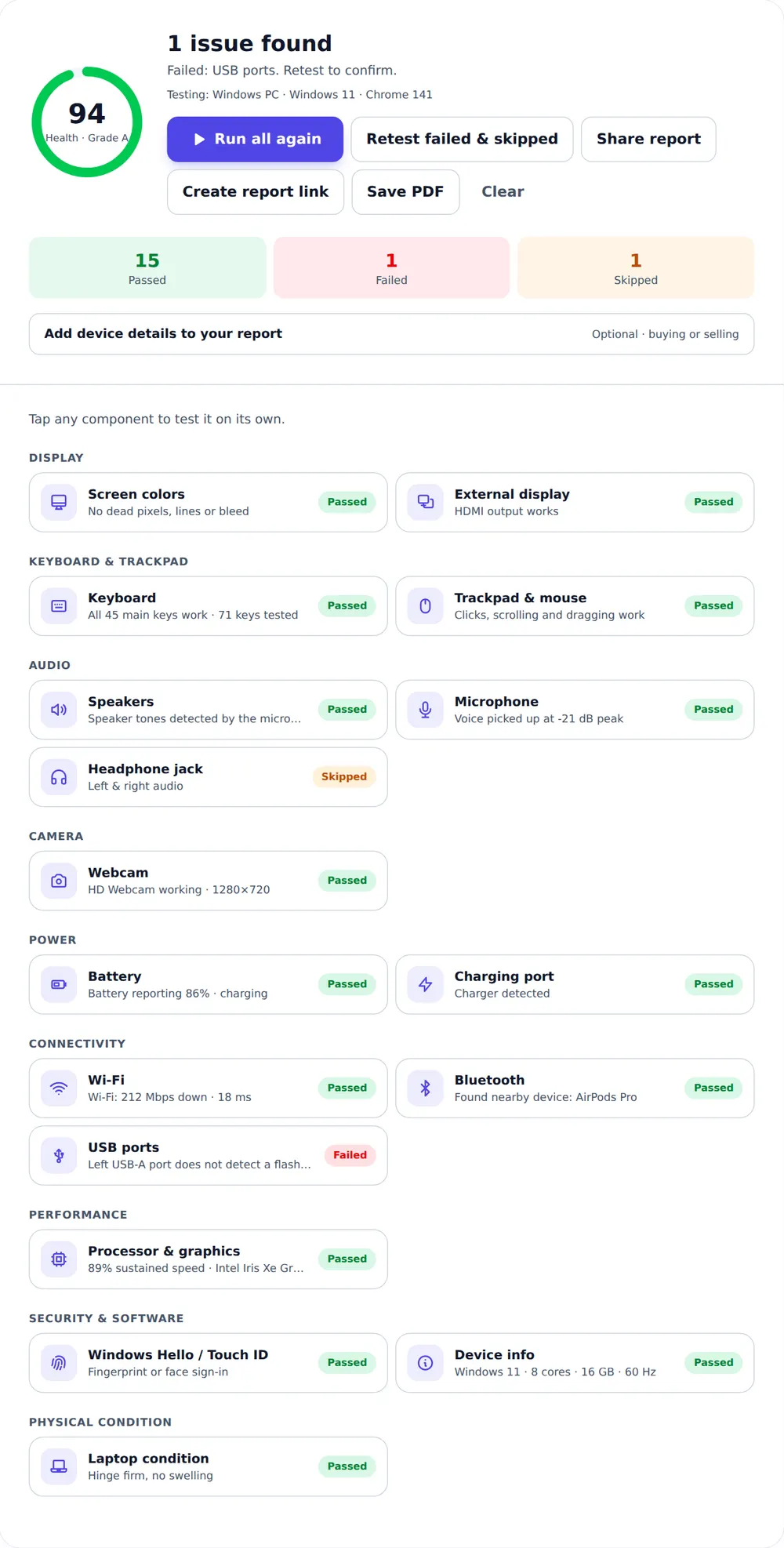 MxMob laptop diagnostic results: health score 94, 15 passed, 1 failed (USB ports), 1 skipped, with results for keyboard, trackpad, speakers, microphone, webcam, battery, Wi-Fi, Bluetooth, processor and device info