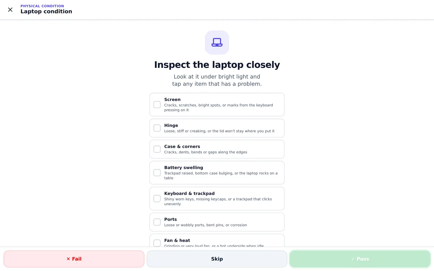 MxMob laptop condition check: tap any item with a problem, covering screen, hinge, case and corners, battery swelling, keyboard and trackpad, ports, and fan and heat