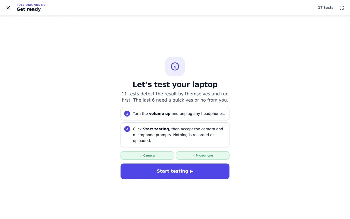 MxMob laptop test start screen: Let’s test your laptop, with self-checking tests first, then a few yes-or-no checks, and camera and microphone access granted