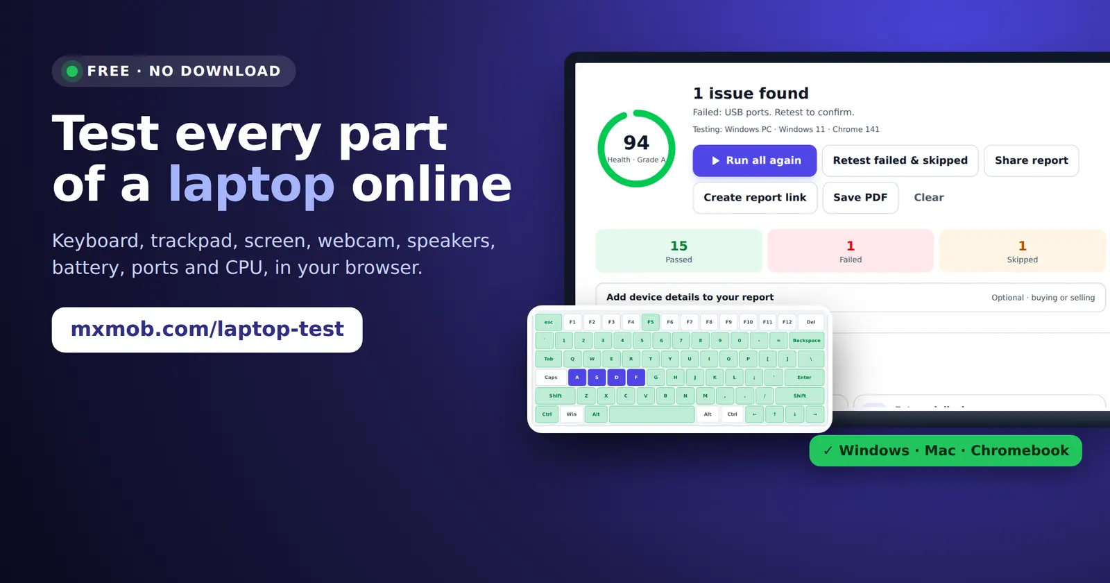 MxMob laptop test online: a laptop showing a health score of 94 with 15 tests passed, and the keyboard test with every key lit green