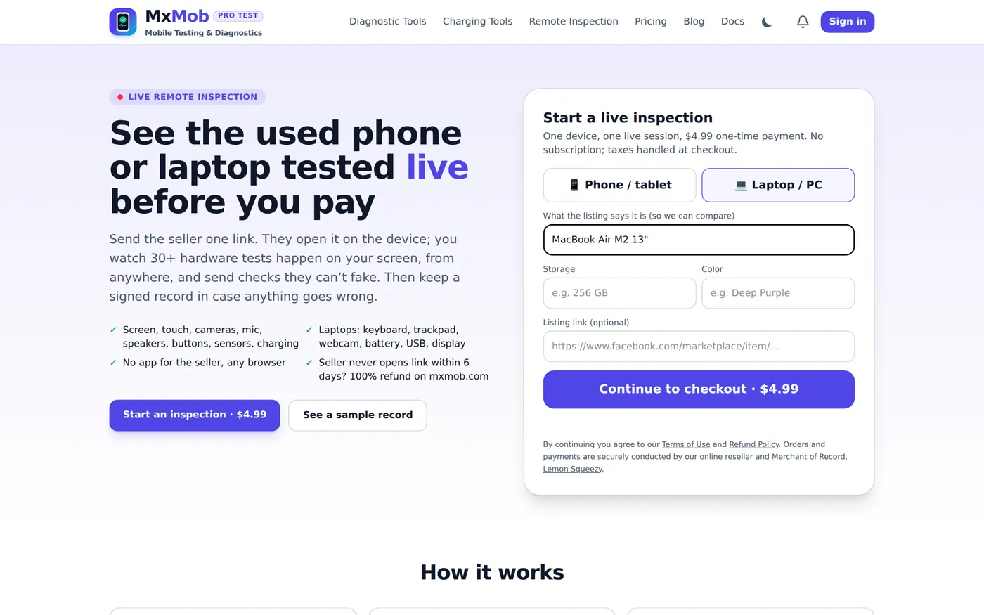 MxMob Live Remote Inspection start page with Laptop / PC selected and MacBook Air M2 13 inch entered as the listing, $4.99 one-time payment