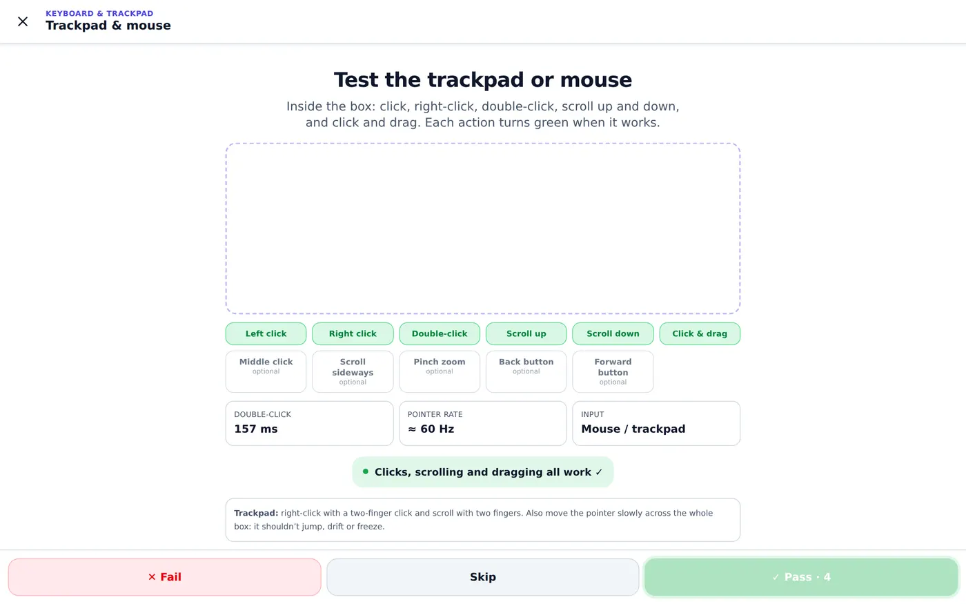 MxMob trackpad and mouse test with left click, right click, double-click, scroll up, scroll down and click and drag all passed, double-click 157 ms
