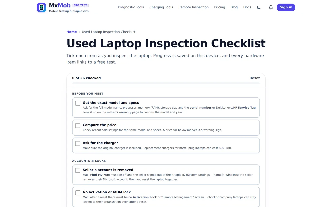 MxMob used laptop inspection checklist with sections Before you meet and Accounts and locks, including Find My Mac, Activation Lock and MDM checks