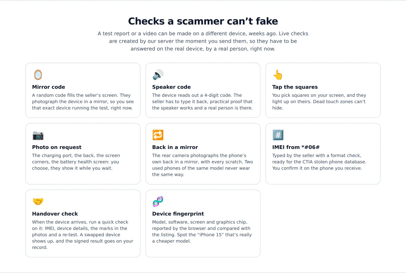 The eight MxMob anti-scam checks: mirror code, speaker code, tap the squares, photo on request, back in a mirror, IMEI from *#06#, handover check and device fingerprint