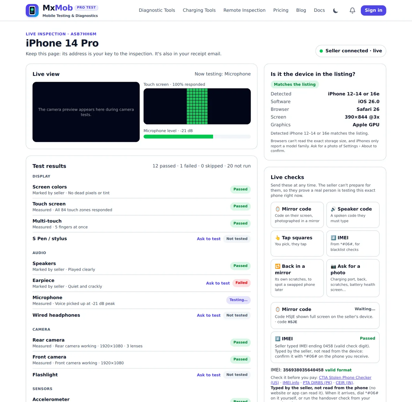 MxMob buyer console during a live inspection of an iPhone 14 Pro: live touch map, microphone level, test results labelled measured or marked by seller, device match panel and live checks