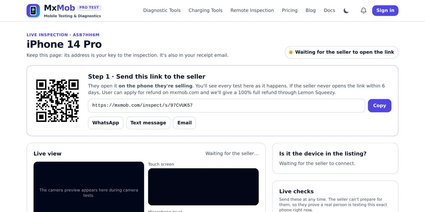 MxMob buyer console showing the private seller link, QR code and buttons to share it by WhatsApp, text message or email