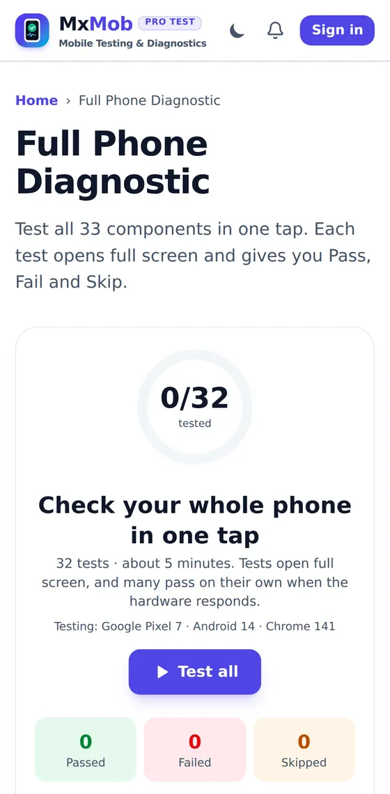 MxMob free 33-point phone diagnostic test running in Chrome on an Android phone, with the Test all button