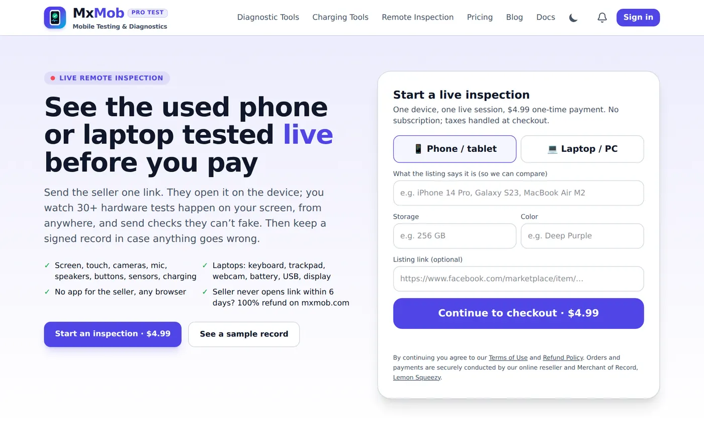 The MxMob Live Remote Inspection start page at mxmob.com/inspect, with fields for the listing model, storage, color and listing link