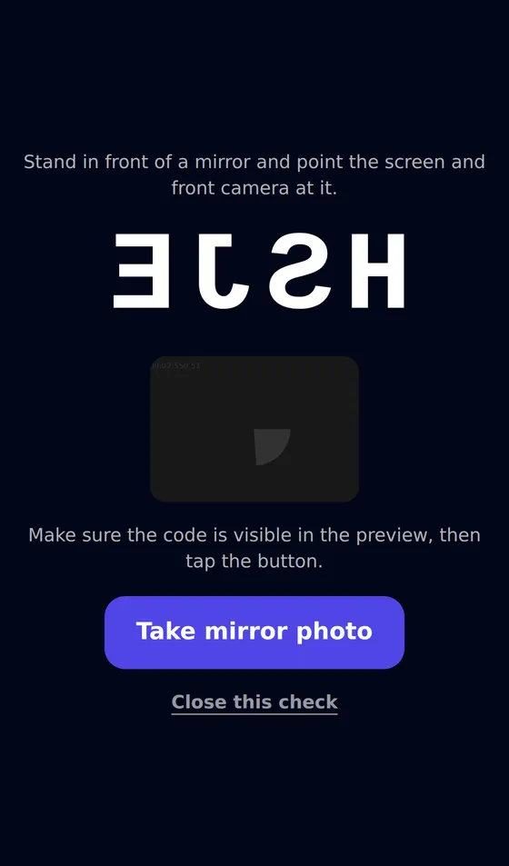 Mirror code check on the seller's phone: a random code shown mirrored full screen, with the front camera preview and a Take mirror photo button