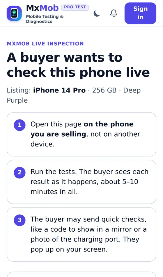 Seller's iPhone screen: A buyer wants to check this phone live, with the listing details and three steps