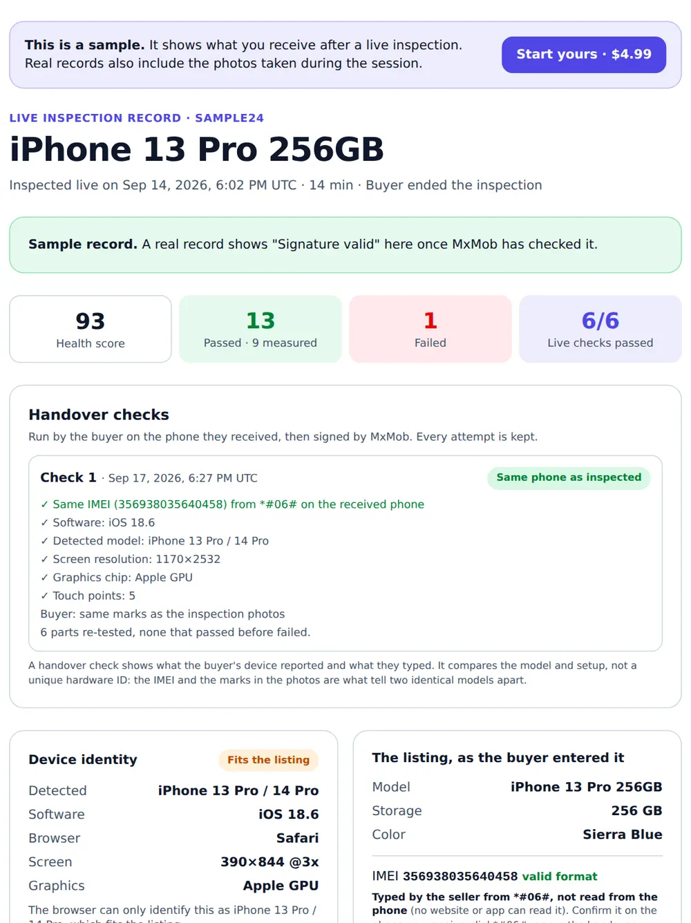 Sample MxMob inspection record for an iPhone 13 Pro: health score 93, 13 passed, 1 failed, 6 of 6 live checks passed, and a handover check confirming the same phone as inspected