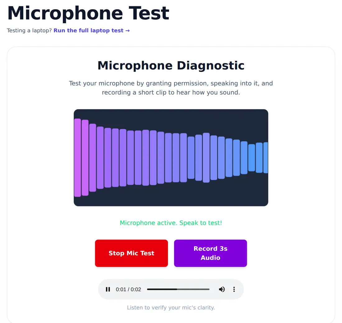 MxMob microphone test online with live audio bars, the status Microphone active, the Stop Mic Test and Record 3s Audio buttons, and a recording ready to play back
